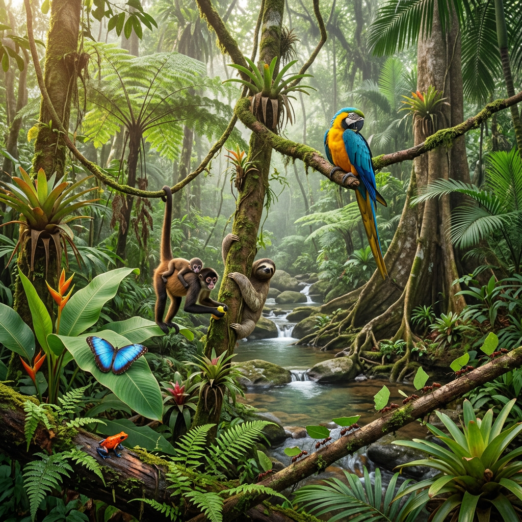Tropical rainforest with two monkeys, a sloth, blue parrot, butterfly, red frog, and leafy plants by a stream