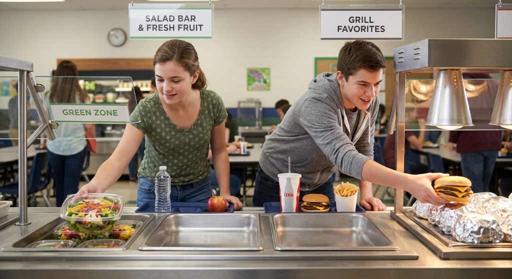 Teen girl picking salad from salad bar and teen boy taking cheeseburger from grill counter in cafeteria