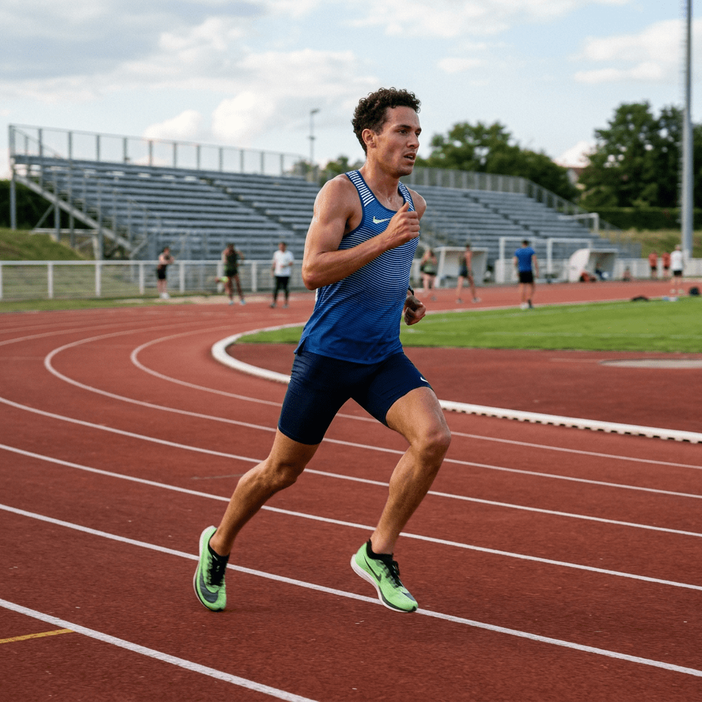 Male runner sprinting on an outdoor track wearing blue athletic gear and green running shoes