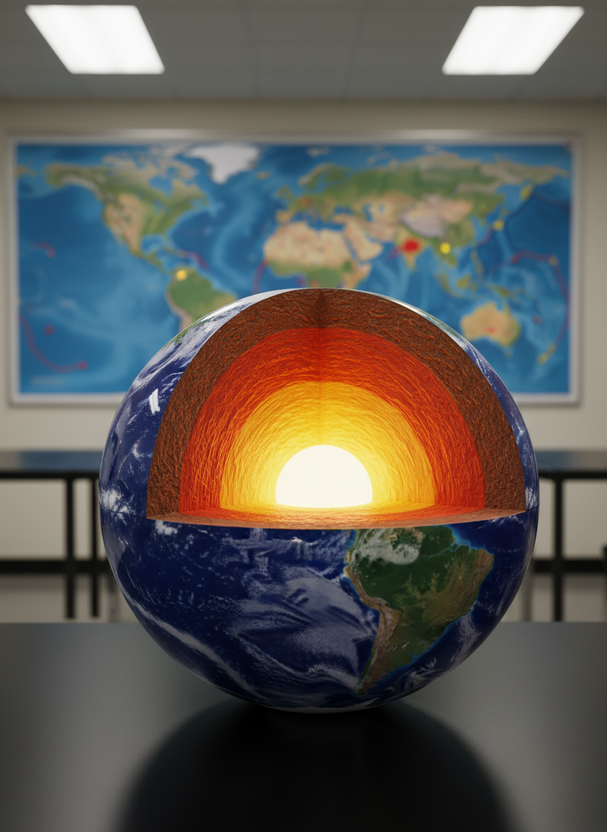 A detailed cross-section model of planet Earth rendered as a solid, glossy teaching sphere resting on a matte black tabletop. The outer crust is painted with vivid blue oceans and green-brown continents, while the cut-away interior reveals clearly separated layers: thin crust, orange mantle, bright yellow outer core, and glowing white inner core. Behind it, a large, slightly blurred classroom wall map shows tectonic plate boundaries and seismic zones. Soft overhead classroom lighting creates even illumination with mild reflections on the model’s smooth surface. Shot from a slightly elevated angle with the Earth positioned on the rule of thirds, the composition feels clear, educational, and visually engaging in clean photographic realism.