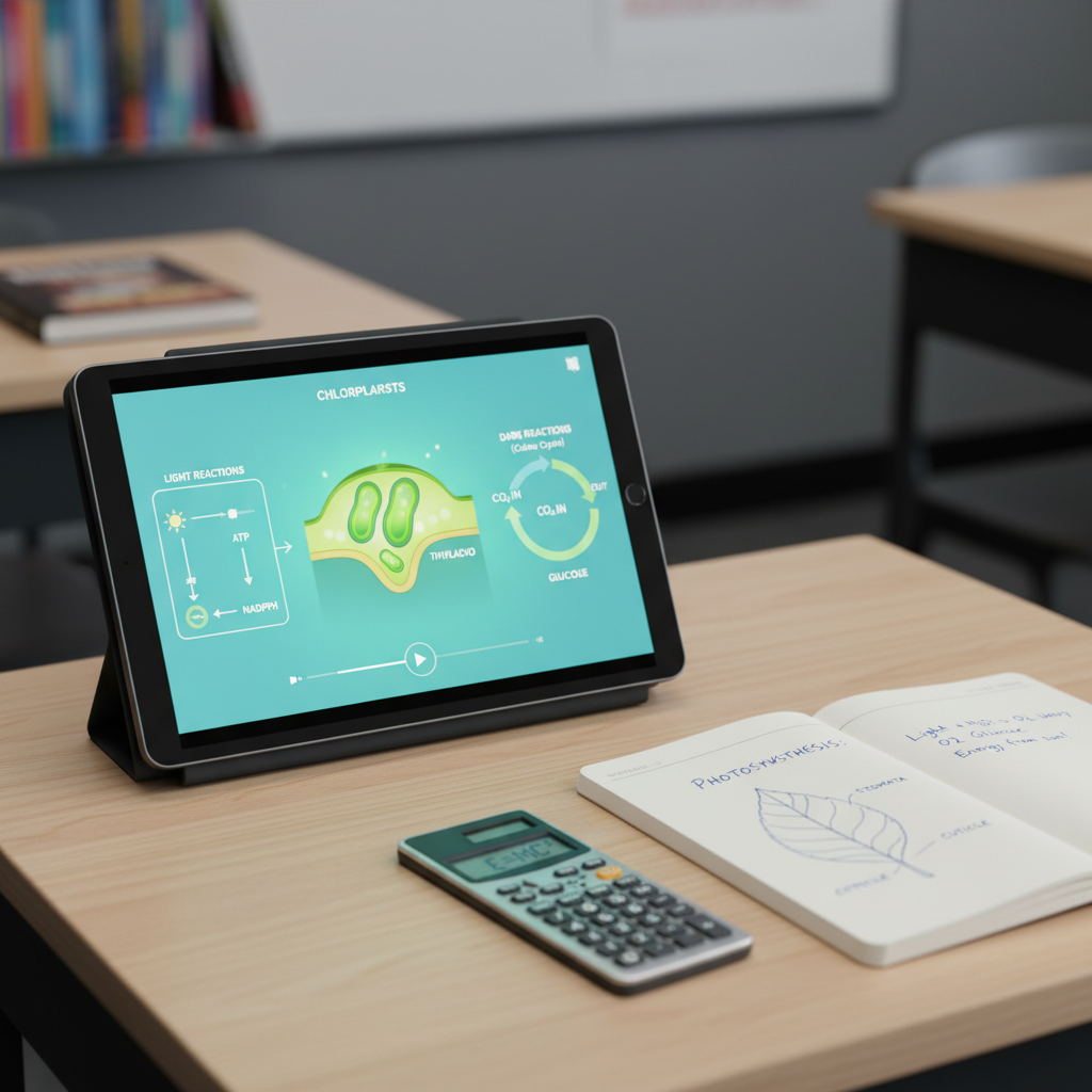 A polished digital tablet lying flat on a light oak school desk, its screen displaying a paused animated science video about photosynthesis, with bright green leaves, labeled chloroplasts, and clear diagrams of light and dark reactions. Beside the tablet rests a neatly organized exercise notebook with a simple diagram of a leaf and brief handwritten notes, plus a slim scientific calculator. Cool, even overhead lighting reduces glare on the screen while preserving vivid colors. Captured from a slightly elevated angle with the tablet centered and background softly blurred, the mood is modern, focused, and technology-enhanced, reflecting contemporary middle-school science learning in clean photographic realism.