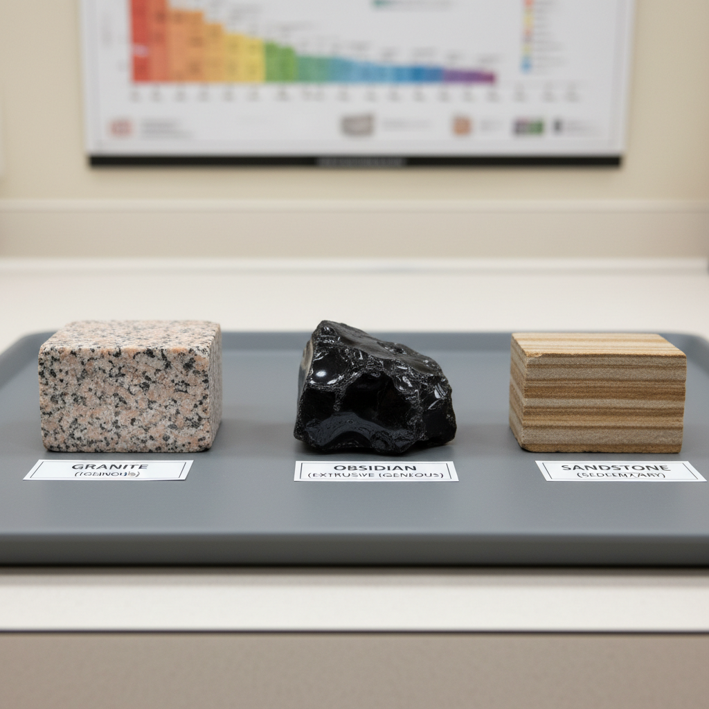 A close-up view of three distinct rock samples arranged in a neat row on a smooth gray lab tray: a coarse-grained granite with visible crystals, a dark, glassy obsidian with sharp edges, and a layered sedimentary rock showing fine, horizontal bands. Each sample has a small printed label with clear, legible text. The tray sits on a pale lab bench, with a blurred geological timescale chart pinned to a wall in the background. Neutral, diffused overhead light brings out textures and subtle color differences in the rocks without harsh reflections. Photographed from a slightly elevated angle with sharp focus across all three samples, the image feels precise, serious, and educational in realistic photographic style.