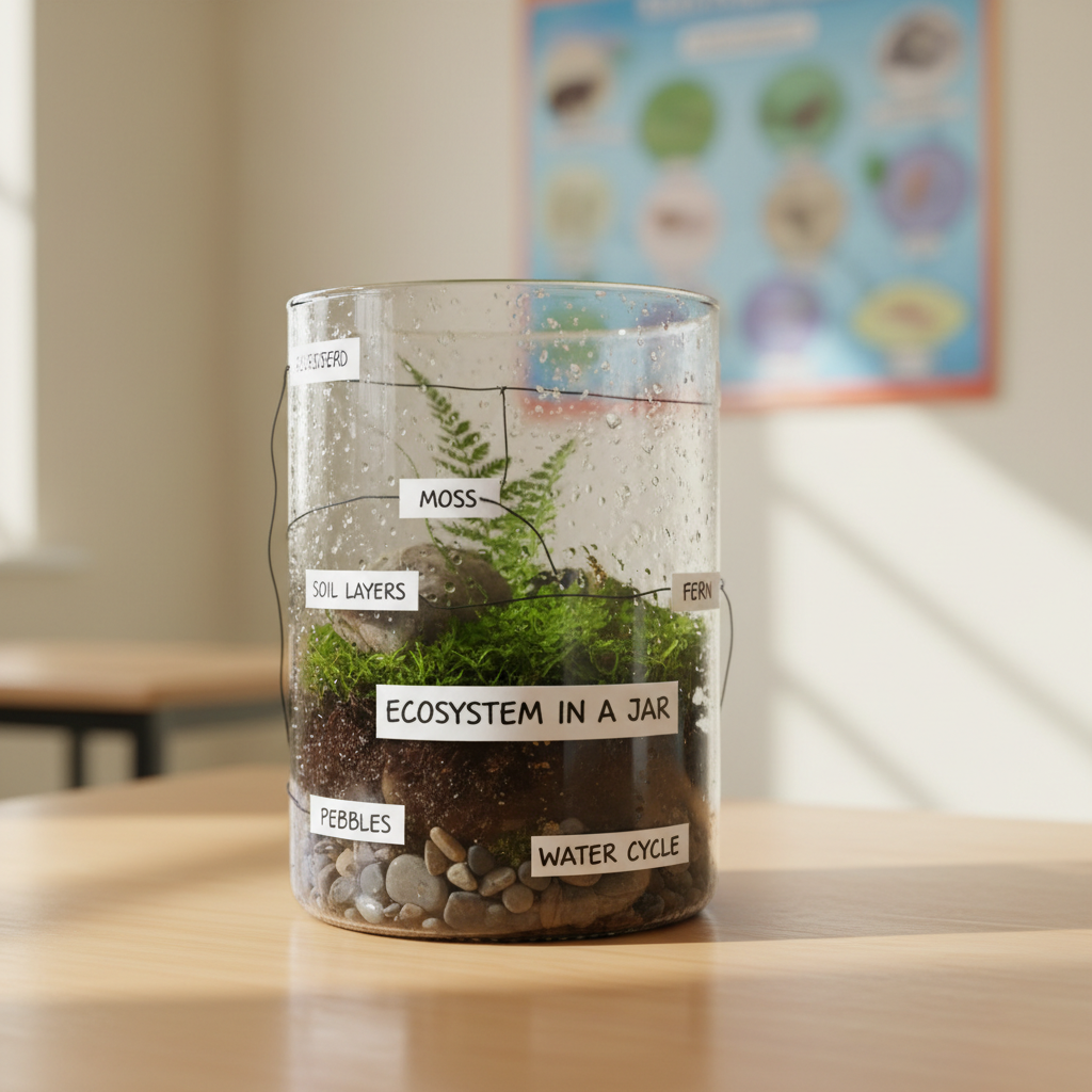 A meticulously labeled ecosystem-in-a-jar project sitting on a smooth light-wood desk: a clear cylindrical glass container with dark, moist soil layers, delicate green moss, a small fern, and a few tiny pebbles forming a miniature landscape. Condensation beads lightly on the inside of the glass, hinting at a stable water cycle. In the softly blurred background, a colorful poster of biomes and food chains hangs on a pale classroom wall. Soft, indirect daylight creates gentle reflections on the glass and subtle shadows on the desk. Photographed at a slightly elevated three-quarter angle with crisp focus on the jar, the image has a calm, scientific, and observational mood in realistic photographic style.