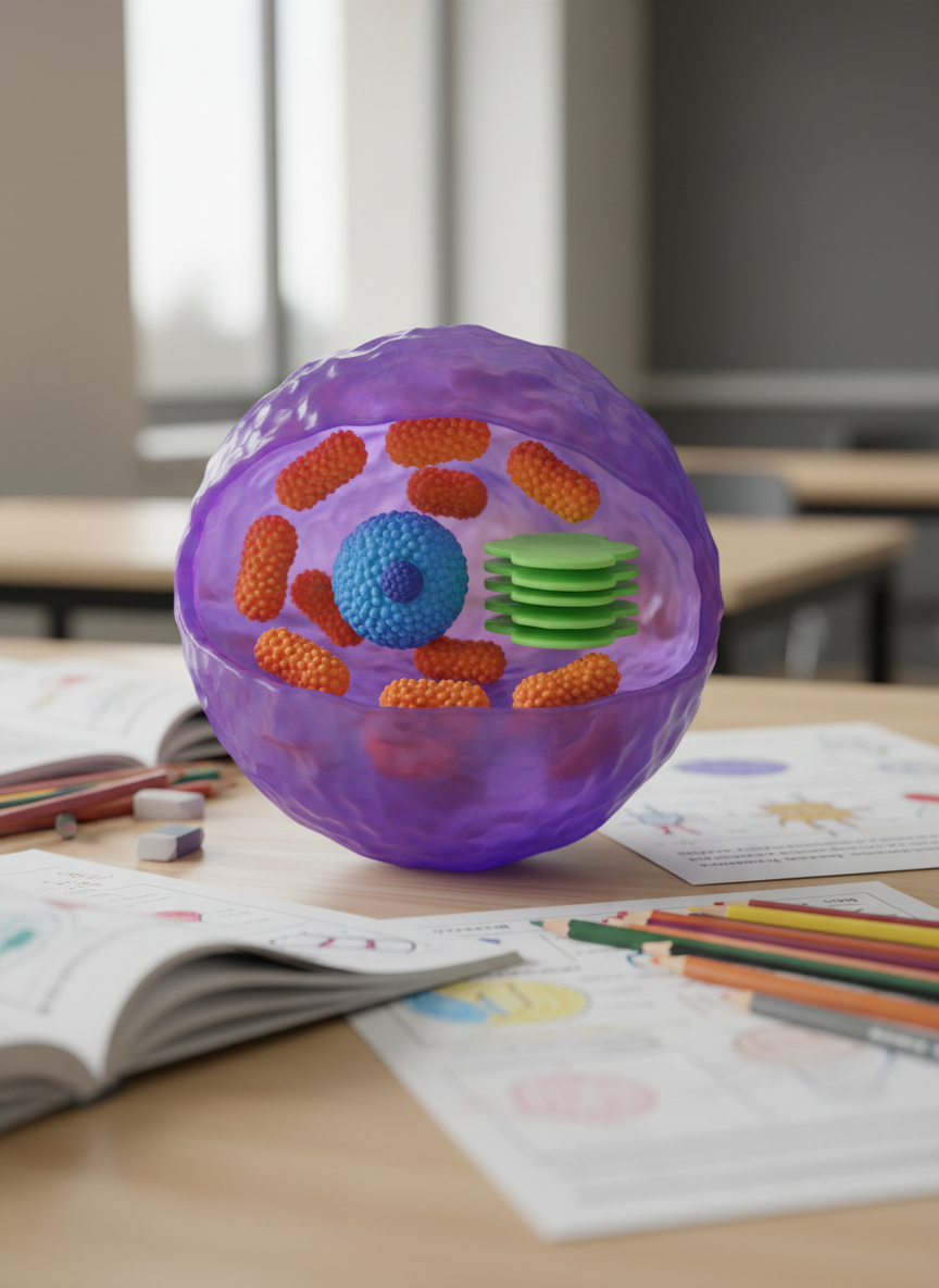 A vividly colored 3D model of a human cell placed at the center of a tidy science classroom table, showing clearly differentiated organelles: a semi-transparent purple membrane, a textured blue nucleus with nucleolus, stacked green Golgi apparatus, and dotted orange mitochondria. Around the model lie open, annotation-filled worksheets and neatly arranged colored pencils, all slightly out of focus. Diffused natural light from a side window gently illuminates the cell, creating soft highlights that emphasize its shapes and textures. Captured from a low, close-up angle with a shallow depth of field, the mood is focused and studious, conveying modern, photographic realism tailored for middle-school biology learning.